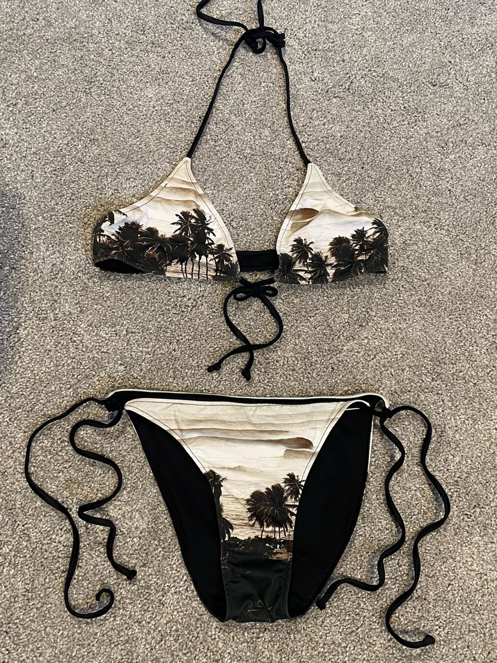 Palm Tree Print Triangle Bikini - Black & Cream